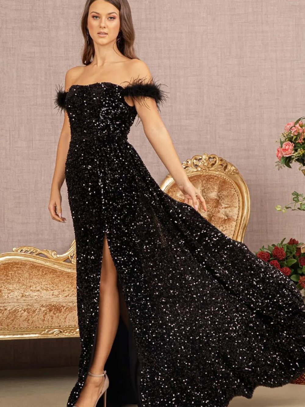 NEW BLACK Sequin & Velvet Evening Gown Floor Length Formal GL3163